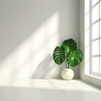 une monstera feuille dans le coin de une blanc pièce avec une fenêtre ombre ai généré photo