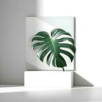 La peinture Toile et monstera feuilles dans une nettoyer blanc pièce avec fenêtre ombre ai généré photo