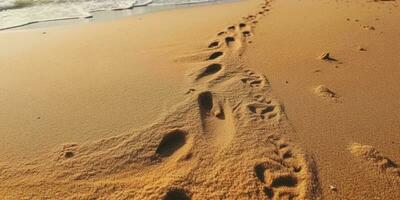 empreintes sur le plage le sable Contexte. ai généré photo