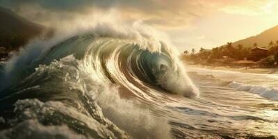 tsunami avec haute vague de océan à plage, ai généré photo