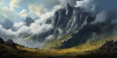 rocheux Montagne avec nuage scape Contexte. ai généré photo