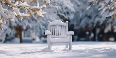 en bois chaise dans le hiver jardin flou arrière-plan, ai généré photo