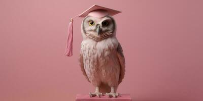 peu hibou avec l'obtention du diplôme chapeau pour éducation dessin animé animation, ai généré photo