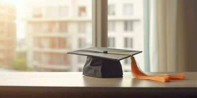 Université l'obtention du diplôme casquette et livre arrière-plan, ai généré photo