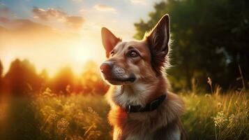 magnifique chien à le coucher du soleil. génératif ai photo