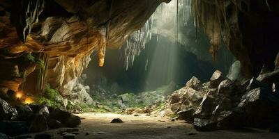 cascade et chambre la grotte copie espace flou arrière-plan, ai généré photo