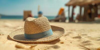 paille chapeau sur plage le sable vacances Contexte. ai généré photo