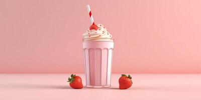 fraise Milk-shake avec Chocolat toping et paille griffonnage, ai généré photo