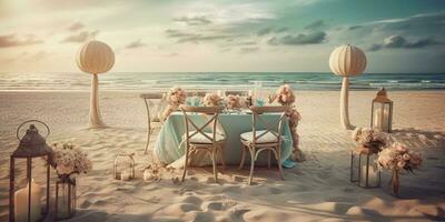mariage fête sur plage le sable Contexte. ai généré photo