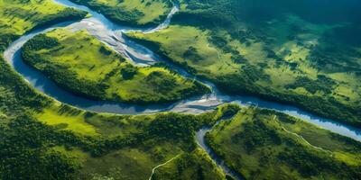 vert forêt vallée et méandre rivière arrière-plan, ai généré photo