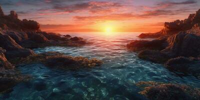 le coucher du soleil sur Roche récif copie espace flou arrière-plan, ai généré photo