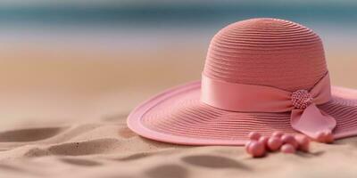 rose paille chapeau sur plage le sable vacances Contexte. ai généré photo