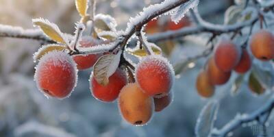 la glace orage des arbres et Pomme fruit Geler dans hiver, ai généré photo