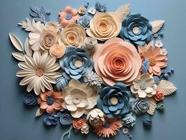 3d abstrait floral arrangement, fleur bouquet. rendre, botanique Contexte. pastel Couleur palette. branché mur décor et décorations. photo