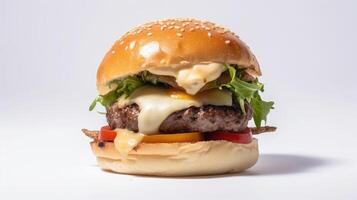 côté vue de une Burger sur une blanc Contexte avec du boeuf et crème fromage réaliste fermer photo ai génératif