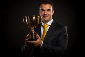 homme d'affaire en portant or trophée. célébrer avec trophée prix pour Succès dans entreprise. génératif ai photo