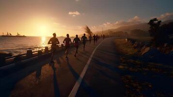 coureur groupe fonctionnement sur lever du soleil bord de mer piste. génératif ai photo