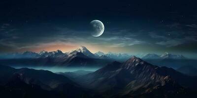 panoramique vue de le nuit ciel à le Haut de le montagne, ai généré photo