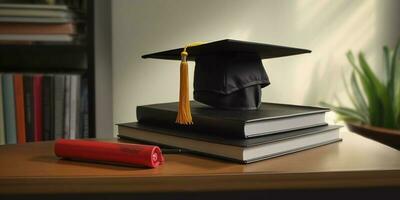 Université l'obtention du diplôme casquette et livre Contexte ai généré photo