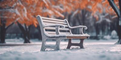 en bois chaise dans le hiver jardin flou arrière-plan, ai généré photo