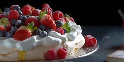 Pavlova gâteau Tarte flou arrière-plan, ai générer et photo