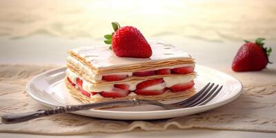 fraise mille crêpes avec crème les saveurs. ai généré photo