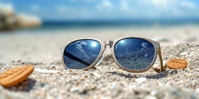 des lunettes de soleil sur le sable plage vacances Contexte. ai généré photo