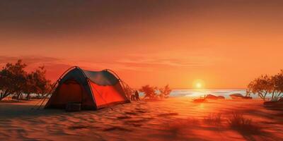 camp tente sur plage le sable vacances le coucher du soleil Contexte. ai généré photo