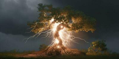 foudre dans arbre, orageux temps et Naturel catastrophe, ai généré photo