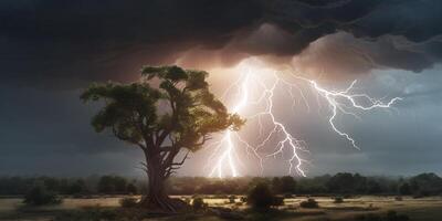 foudre dans arbre, orageux temps et Naturel catastrophe, ai généré photo