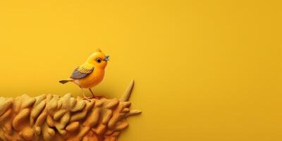 oiseau Jaune sur arbre tunk animal argile dessin animé animation, ai généré photo