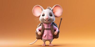 peu Souris avec sac à dos école dessin animé animation, ai généré photo