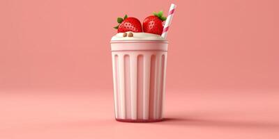 fraise Milk-shake avec Chocolat toping et paille griffonnage, ai généré photo