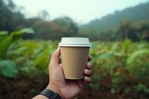 génératif ai illustration de papier café tasse dans une main avec isolé floue Contexte photo