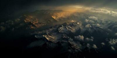 génératif ai illustration de vue de ciel, neige montagnes de foncé âge, pluie, brouillard, spectaculaire et étourdissant paysage, spectaculaire linéaire délicatesse photo