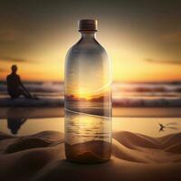 une bouteille de l'eau sur une plage. génératif ai photo