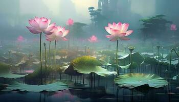 génératif ai illustration de lotus fleur dans étang, nettoyer Contexte couleur, brumeux, illusoire photo
