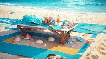 sablonneux délices une plage serviette fête sur nationale plage journée. ai généré. photo