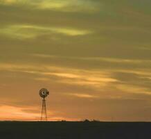 Moulin à vent dans campagne à coucher de soleil, pampa, Patagonie, Argentine. photo