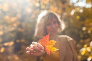 femme en portant Jaune et Orange l'automne érable feuille. tomber saison photo