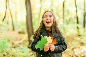 l'automne émotif portrait de en riant enfant en marchant dans parc ou forêt photo