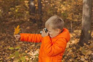 garçon avec rétro caméra prise des photos Extérieur dans l'automne la nature. loisir et photographes concept