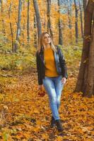 fille détient déchue feuilles et des promenades dans l'automne parc. saisonnier concept. photo