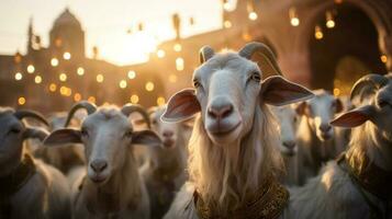 groupe de chèvres pour eid Al adha qui recueillies près le magnifique mosquée, généré par artificiel intelligence. photo