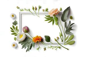 été à base de plantes bannière, salutation carte, invitation. herbes, feuilles et fleurs avec en bois Cadre sur une blanc Contexte avec endroit pour texte. génératif ai photo