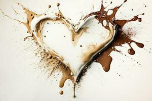 éclaboussures de blanc et Lait foncé Chocolat dans le forme de une l'amour cœur vue de au dessus sur blanc Contexte. génératif ai photo