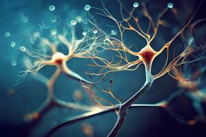 les neurones cellules proche en haut 3d rendre. synapses et axones transmettre électrique signaux. génératif ai photo