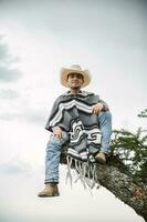 cow-boy portant une poncho séance en dessous de une arbre dans le ciel photo