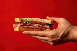 main en portant savoureux sandwich sur une rouge Contexte. ai généré photo