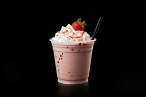 fraise Milk-shake dans Plastique à emporter tasse isolé sur noir Contexte. ai généré photo